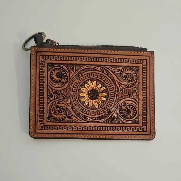 NWOT Genuine Leather Brown Sunflower Wallet - Picture 1 of 5